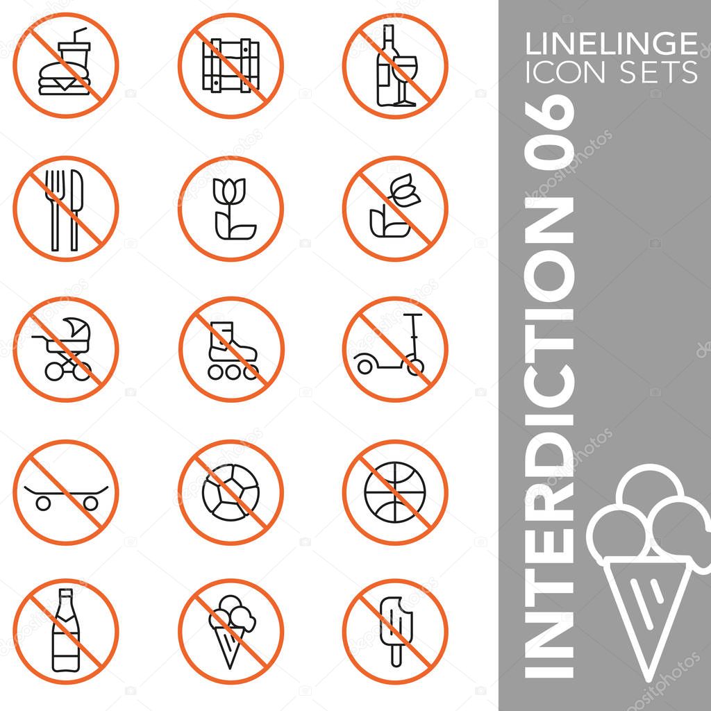 Premium stroke icon set of facilities, prohibitions, interdiction, danger symbols and hazardous sign 05. Linelinge, modern outline symbol collection