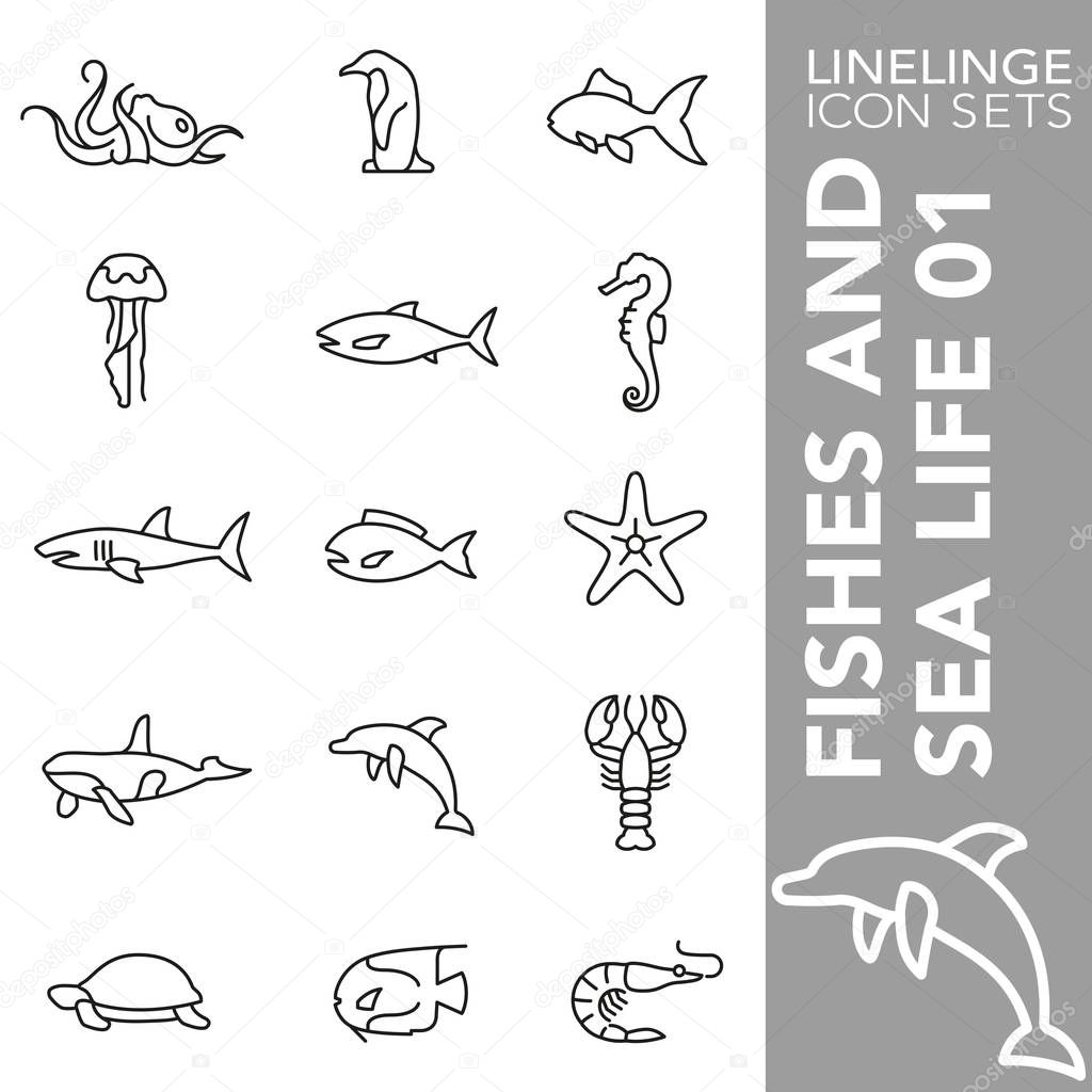 Premium stroke icon set of animal, fishes, shellfish, reef and sea life. Linelinge, modern outline symbol collection