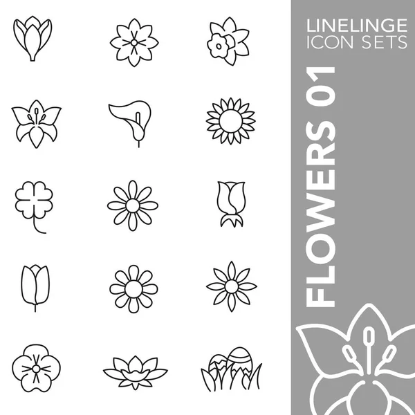Conjunto de flores, flores y flora. Linelinge, colección de símbolos de contorno moderno — Archivo Imágenes Vectoriales