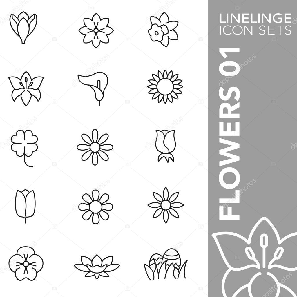 Premium stroke icon set of flowers, flower bloom and flora. Linelinge, modern outline symbol collection
