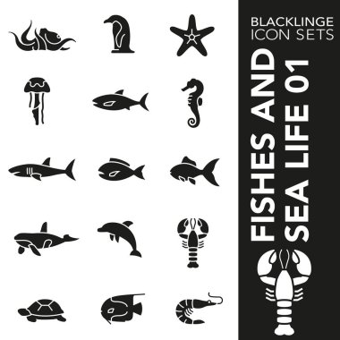 Blacklinge balıklar ve deniz hayat 01 siyah ve beyaz Icon Setler