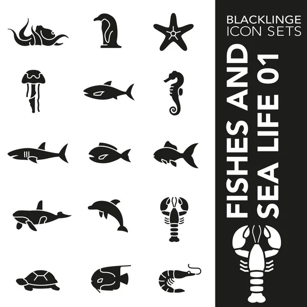 Blacklinge Fische und Meereslebewesen 01 schwarz-weiße Icon-Sets — Stockvektor