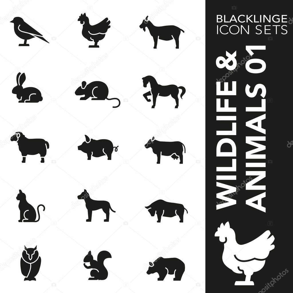 Premium black and white icon set of animal, wildlife and pets 01. Blacklinge, modern black and white symbol collection