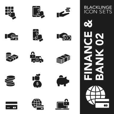 Bankacılık, finans ve ekonomi 02 sigorta primi siyah beyaz simge seti. Blacklinge, modern siyah beyaz simgesi toplama