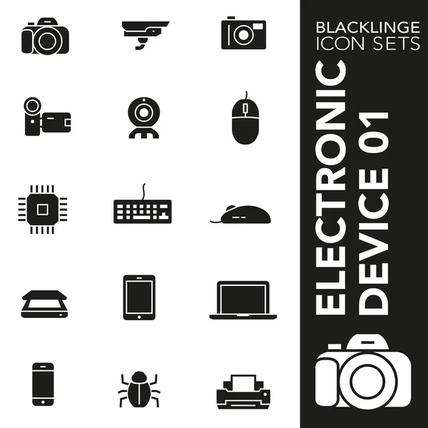 Premium-Icon-Set aus elektronischen Geräten, Technologie und Elektronik 01. blacklinge, moderne Schwarz-Weiß-Symbolsammlung — Stockvektor