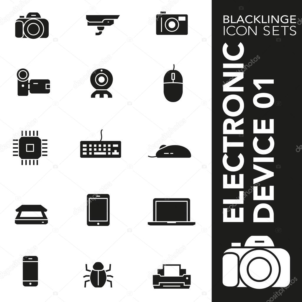 Premium black and white icon set of electronic device, technology and electronics 01. Blacklinge, modern black and white symbol collection