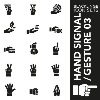 Sigorta primi siyah beyaz simge seti el hareketi, el sinyal ve parmak 03 imzala. Blacklinge, modern siyah beyaz simgesi toplama