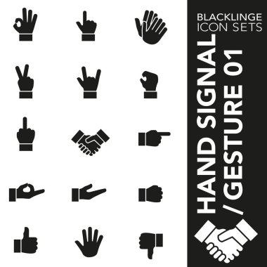 Sigorta primi siyah beyaz simge seti el hareketi, el sinyal ve parmak 01 imzala. Blacklinge, modern siyah beyaz simgesi toplama