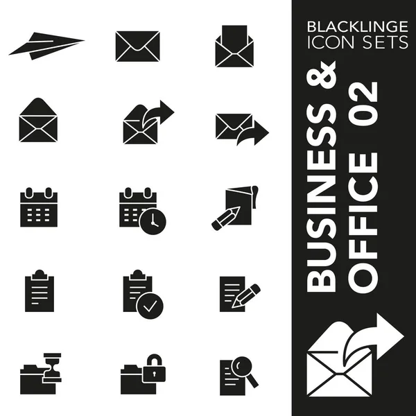 프리미엄 비즈니스, 비서, 사무, 사무실 및 웹사이트 콘텐츠 02 흑백 아이콘 세트. Blacklinge, 현대 흑인과 백인 기호 컬렉션 — 스톡 벡터