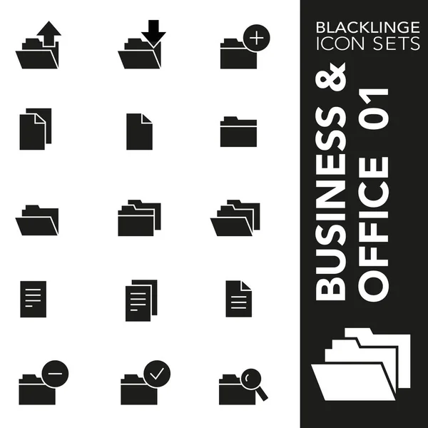 プレミアム ビジネス、ファイル、フォルダー、オフィスおよびウェブサイト コンテンツ 01 の黒と白のアイコンを設定。Blacklinge、モダンな黒と白のシンボル コレクション — ストックベクタ