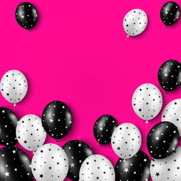 Parlak pembe arka planda yıldızlı siyah beyaz balonlar. Kart, poster, broşür ve kupon için vektör tatil geçmişi
