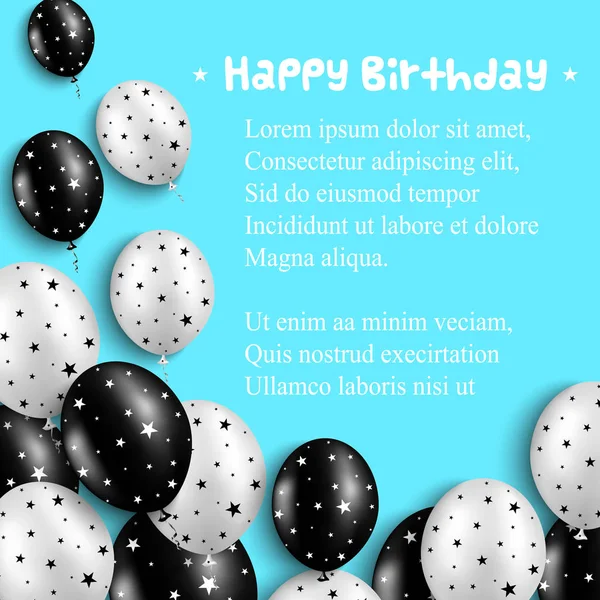 Открытка на день рождения с черно-белыми шариками со звездами на ярко-голубом фоне — стоковый вектор