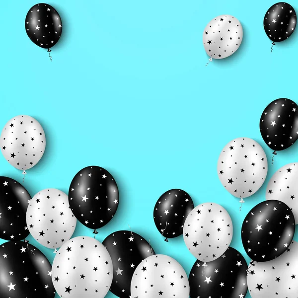 Ballons noirs et blancs avec des étoiles sur fond bleu vif avec le texte place fot. Fond de vacances vectoriel pour carte, affiche, flyer, voucher — Image vectorielle