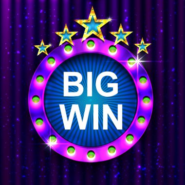 Piyango veya casino oyunları için büyük kazanmak banner. Işık işareti. Vintage tarzı afiş. Vektör çizim