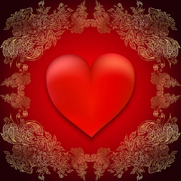 心とゴールド フレームとロマンチックな赤いバレンタイン カード。ベクトル図 — ストックベクタ