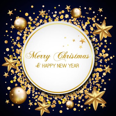 Güzel koyu Noel arka plan ile altın yıldız, toplar, confetty ve metin için yer. Vektör çizim 
