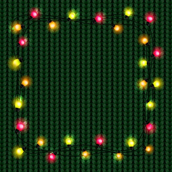 God jul och gott nytt år kort. Christmas garland med lampor på grön stickad tröja bakgrund. Vektorillustration — Stock vektor
