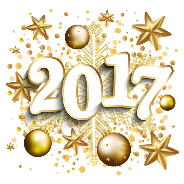 Novo layout de design feliz ano no fundo branco com 2017. Confeitaria dourada, estrelas, bolas. Ilustração vetorial — Vetor de Stock