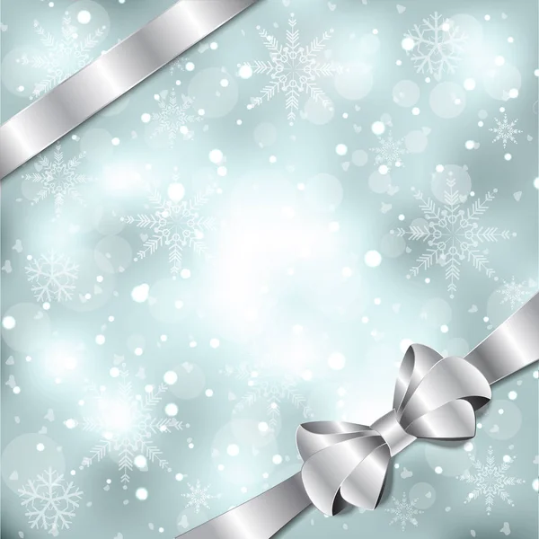 Κομψό χριστουγεννιάτικο φόντο με ασημένιο φιόγκο, κορδέλα και νιφάδες χιονιού. Εικονογράφηση διάνυσμα — Διανυσματικό Αρχείο