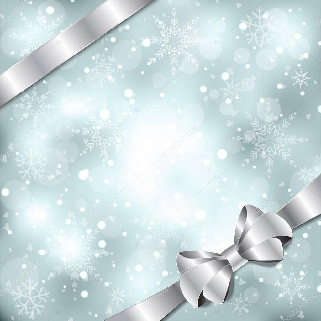 Elegant Christmas background with silver bow, ribbon and snowflakes. Vector illustration