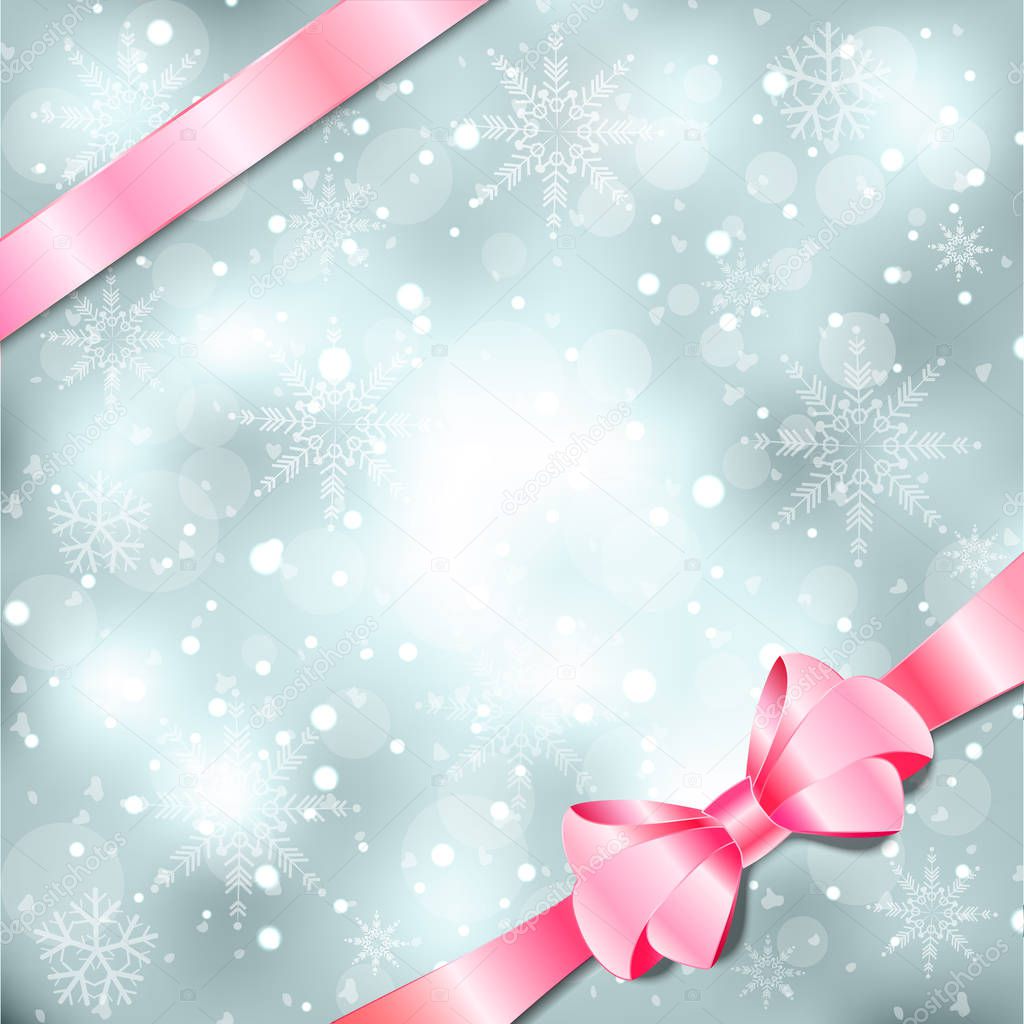 Elegant Christmas background with pink bow, ribbon and snowflakes. Vector illustration