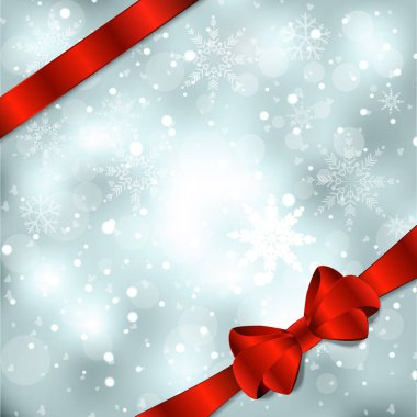 Kırmızı yay, şerit ve kar taneleri ile zarif Noel arka plan. Vektör çizim