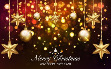 Soyut Bokeh ışıklı Noel arka plan Christmas Altın toplar ve yıldız. Vektör çizim 