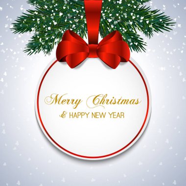 Noel hediye kartı şerit ve saten kırmızı yay. Vektör çizim