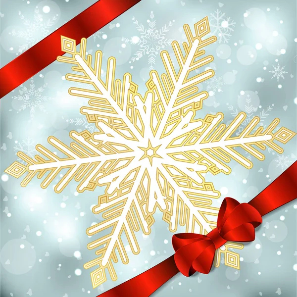 Eleganter weihnachtlicher Hintergrund mit roter Schleife und Schneeflocken. Vektorillustration — Stockvektor