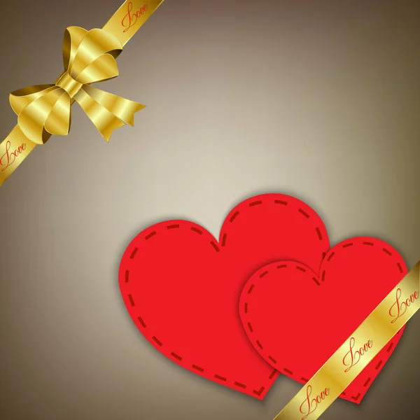 Corazón rojo de San Valentín con cinta dorada y lazo. Lugar para el texto. Concepto de amor. Ilustración vectorial — Vector de stock