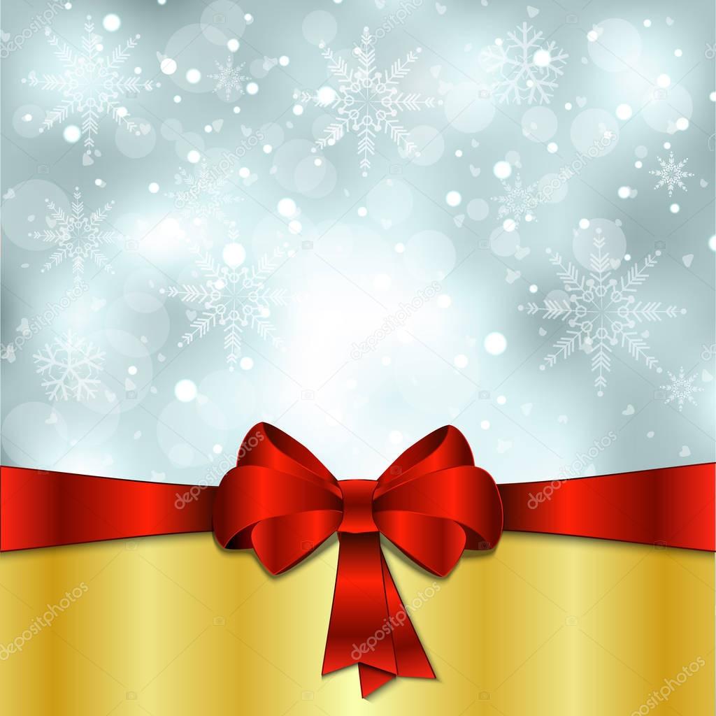 Elegant Christmas background with red bow and snowflakes. Vector illustration