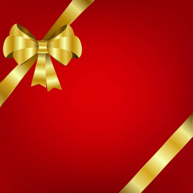 Altın yay ve şerit kırmızı bir arka plan üzerinde. Vektör tatil çizim. Dekorasyon öğesi tasarım için