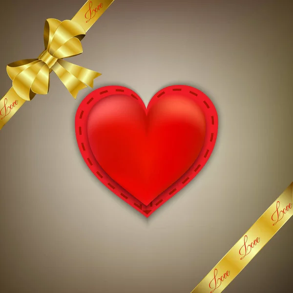 Corazón rojo de San Valentín con cinta dorada y lazo. Concepto de amor. Ilustración vectorial — Vector de stock