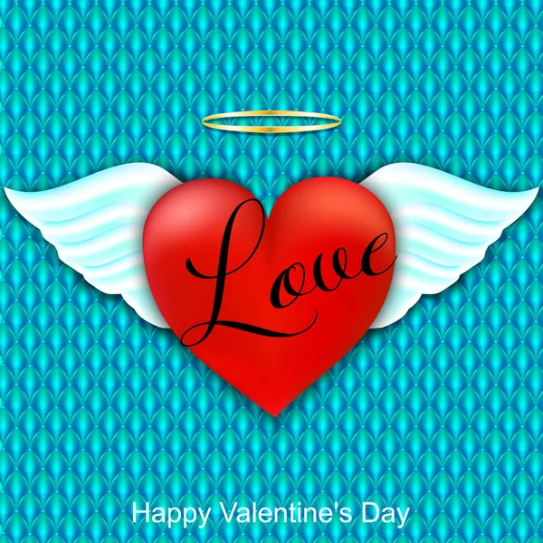 Happy Valentine's Day Greeting Card. Red heart with angel wings and halo. Angelic love. Vector illustration — Stock Vector