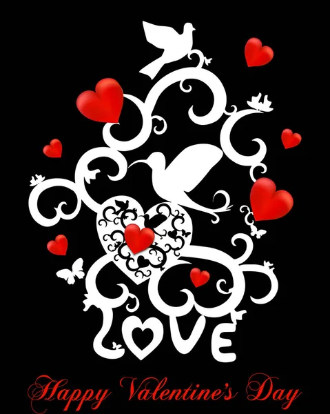 Feliz día de San Valentín Tarjeta de felicitación. Ilustración vectorial abstracta de aves florales elegantes enamoradas de los corazones. Símbolos de silueta. Objetos blancos aislados sobre fondo negro . — Vector de stock
