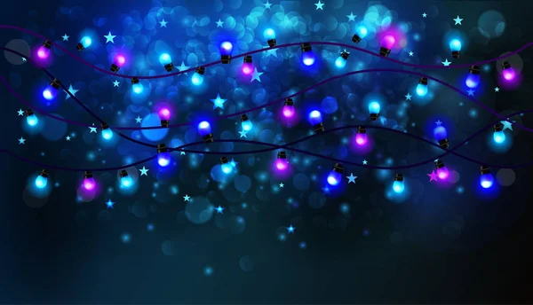 Πολύχρωμο λαμπερό φώτα των Χριστουγέννων. Σκούρο μπλε φόντο. Εικονογράφηση διάνυσμα. Χριστουγεννιάτικα φώτα — Διανυσματικό Αρχείο
