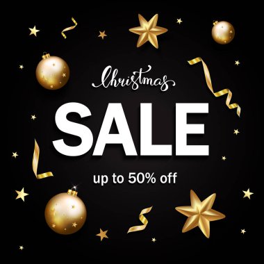 Altın parlak yıldız, serpantin, bubbl ile Noel satışı büyük başlığı