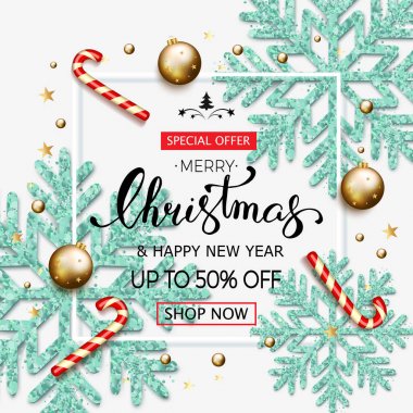 Neşeli Noel satış afiş ile parlayan mavi kar taneleri, altın b