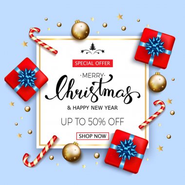 Mavi fiyonklu, şeker hediye kutuları ile neşeli Noel satışı büyük başlığı