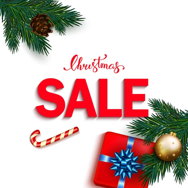 Banner de venta de Navidad con regalos de caja con arco, bastón de caramelo, bubbl — Archivo Imágenes Vectoriales