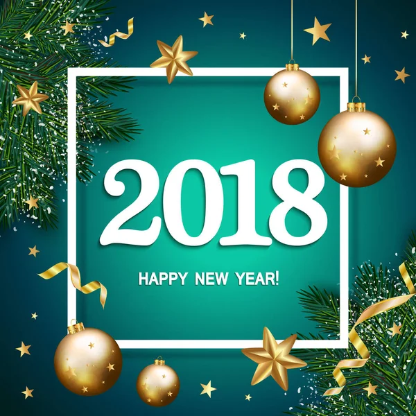 Feliz Año Nuevo 2018 banner con ramas de pino decorado, st oro — Vector de stock