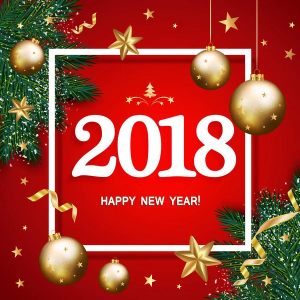 Mutlu yeni yıl 2018 afiş Çamın dalları ile dekore edilmiş, altın st — Stok Vektör