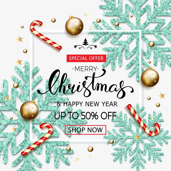 Frohe Weihnachten Verkauf Banner mit leuchtenden blauen Schneeflocken, Gold b — Stockvektor