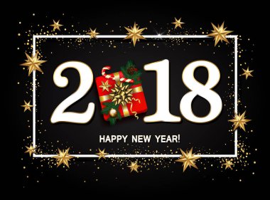 Mutlu yeni yıl tasarım düzeni 2018 siyah zemin üzerine. Hediyelik