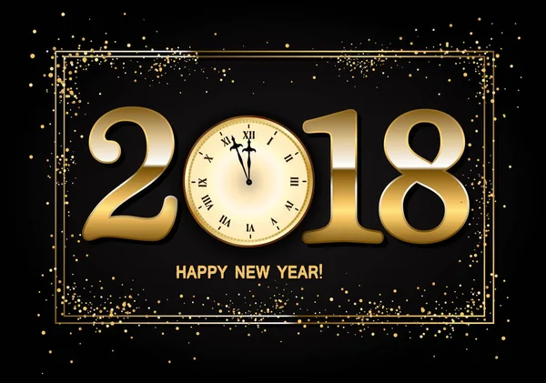 2018 Neujahrshintergrund mit Uhr und Goldkonfetti. Vektor i — Stockvektor