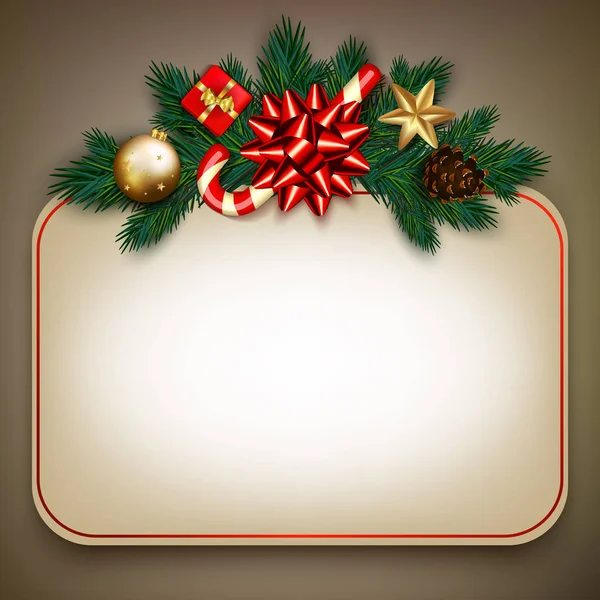 Vintage karácsonyi eladó jel, a fenyő ágak, szatén íj, candy — Stock Vector