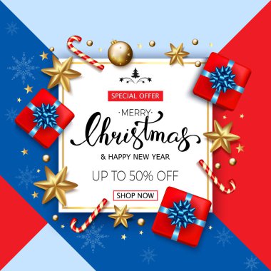 Neşeli Noel satış afiş altın yıldız ve kutusu hediye ile. Ve