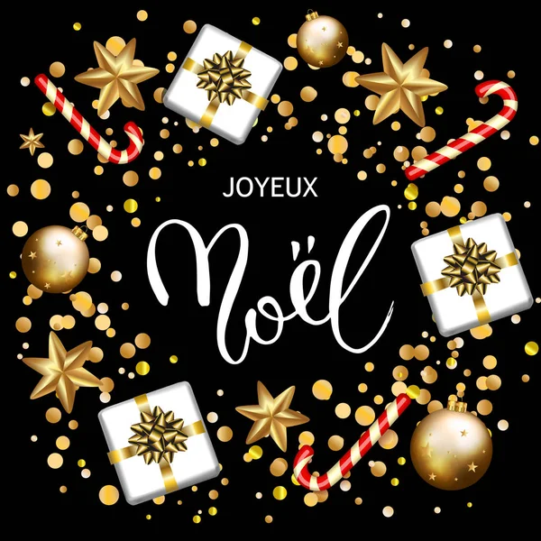 Γαλλική χαρούμενα Χριστούγεννα Joyeux Noel ευχετήρια κάρτα με δώρα, μπορεί να — Διανυσματικό Αρχείο