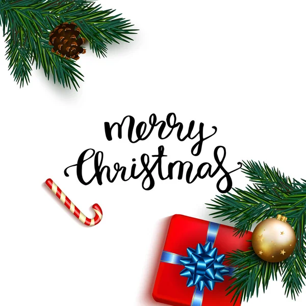 Tarjeta de felicitación de Feliz Navidad con caja regalo con arco, bastón de caramelo — Vector de stock
