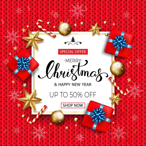 Hediye kutuları altın yıldız ve bub neşeli Noel satışı büyük başlığı